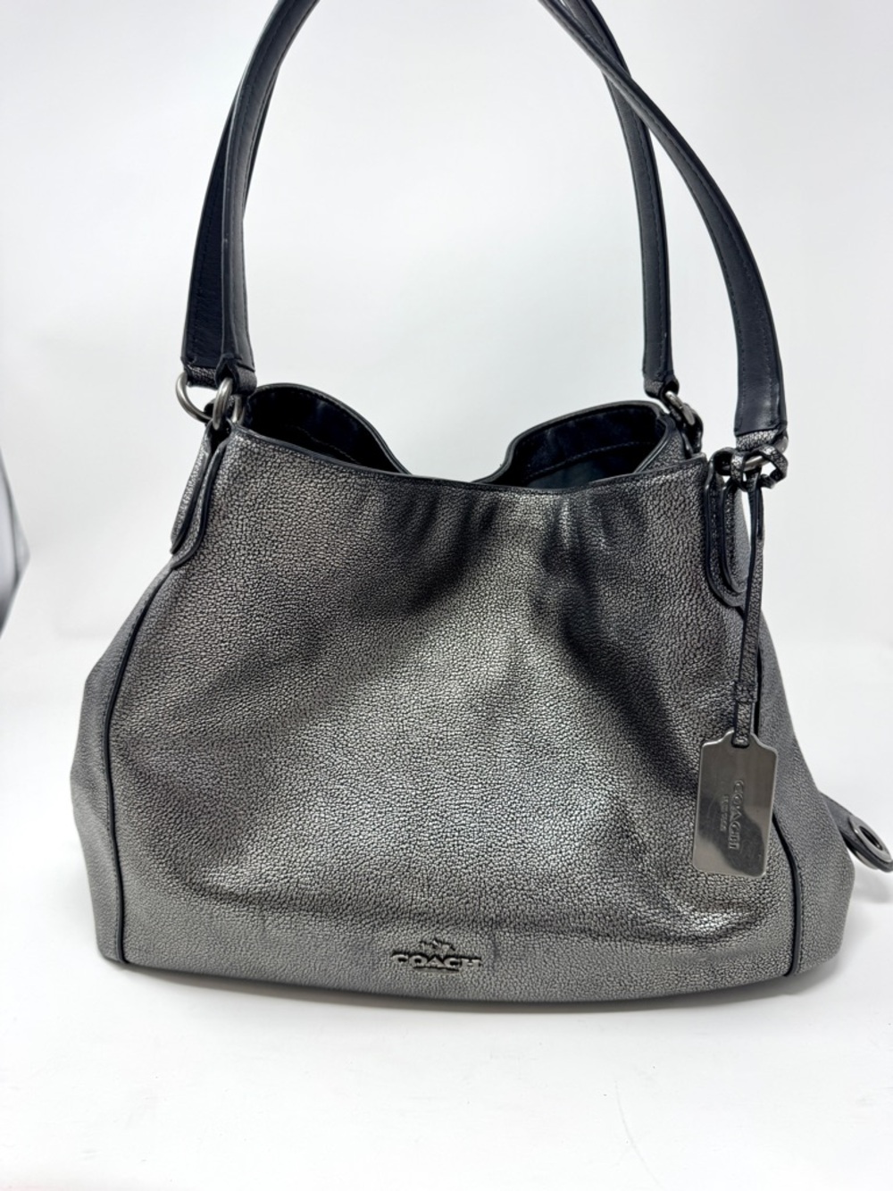 Coach Edie Metallic Gunmetal Pebbled Leather Shoulder Bag Tote - Picture 3 of 16